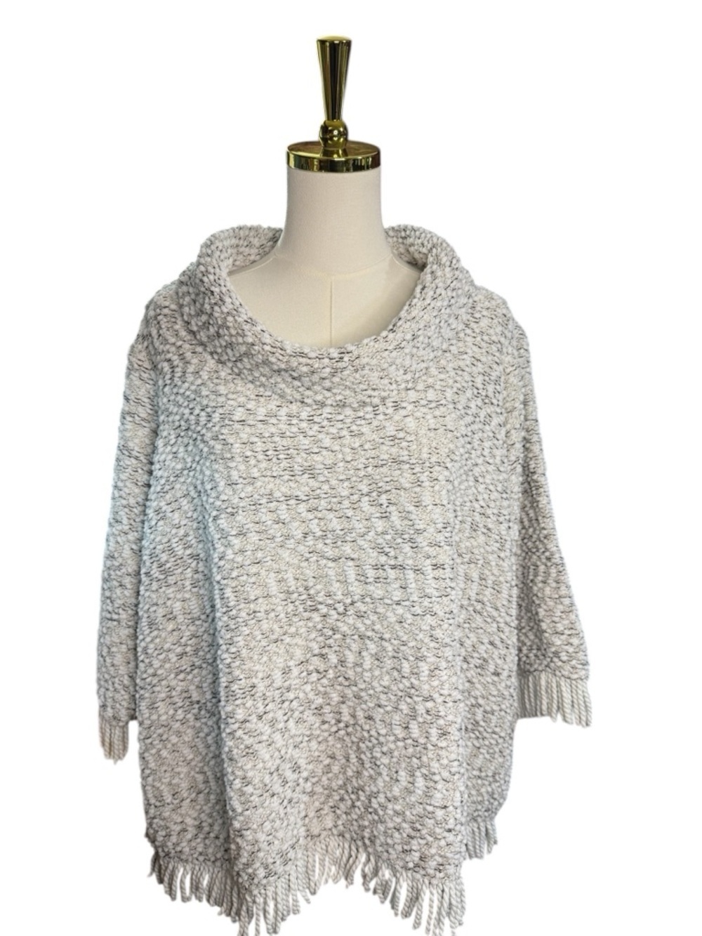 Ali Miles Light Gray Black White Cowl Fringe Poncho Sweater Size 2X